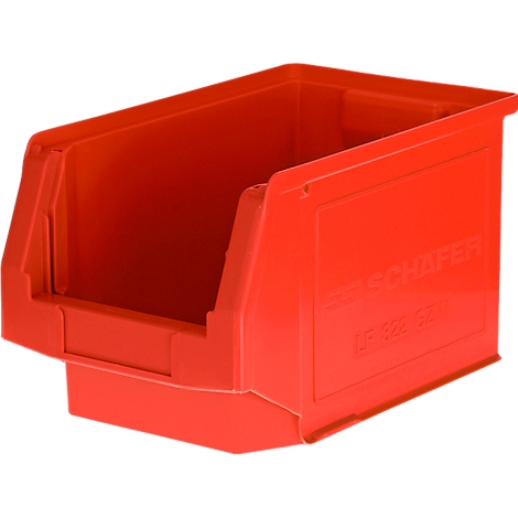 Bac de stockage rouge en plastique avec une ouverture frontale et le logo Schäfer en relief sur le côté.