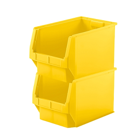 Deux bacs de stockage en plastique jaune vif, empilables, sur fond blanc.
