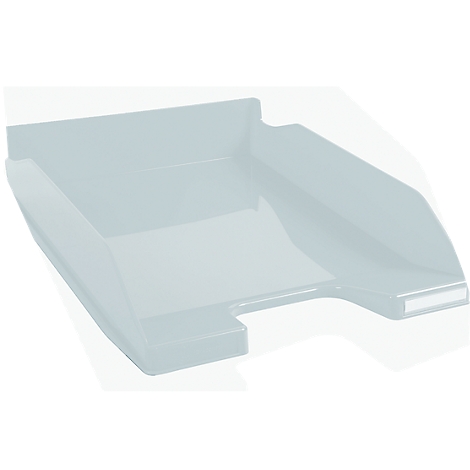 Bac à papier gris clair avec côtés inclinés, sur fond blanc.