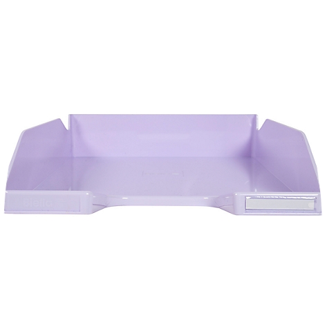 Bac violet clair. Rectangulaire avec des côtés surélevés, une découpe et une étiquette rectangulaire.