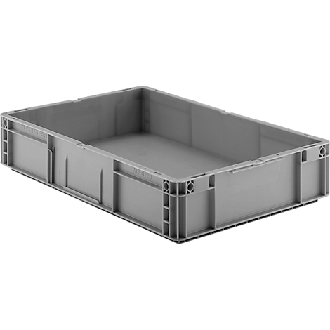 Caisse de stockage et de transport grise et vide sur fond neutre.