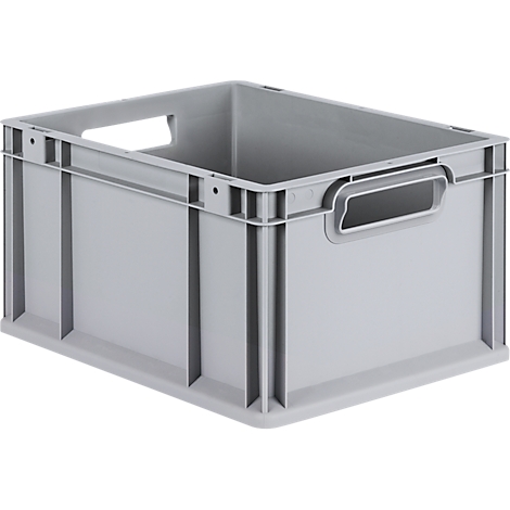 Une caisse de rangement rectangulaire en plastique gris avec des poignées ouvertes sur les côtés.