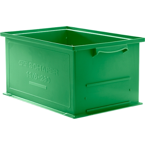 Boîte en plastique verte avec poignées et lettrage. Inscription : SEISCHAPER 14/6-230.