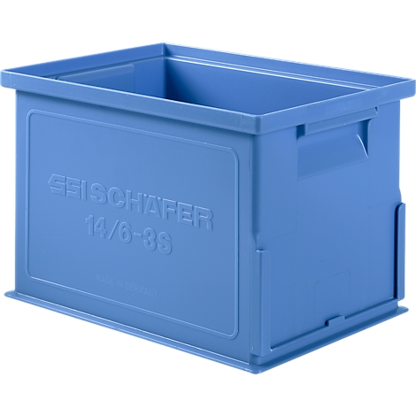 Boîte en plastique bleue avec inscription : SEISCHAFPER 16/6-39.