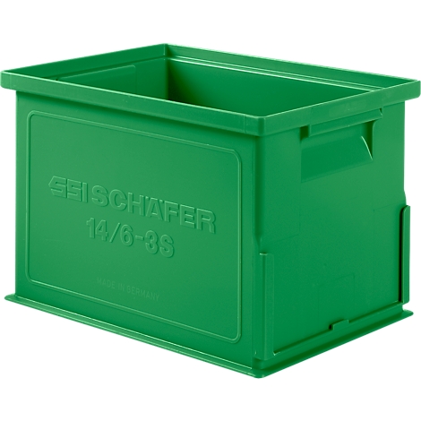 Boîte en plastique verte, étiquetée à l'avant avec "SEISCHÄFER 16/6-38".