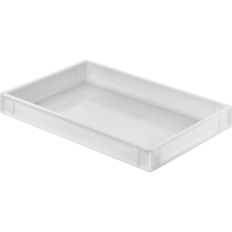 Bac en plastique blanc et rectangulaire, légèrement en perspective. Le bord est relevé.