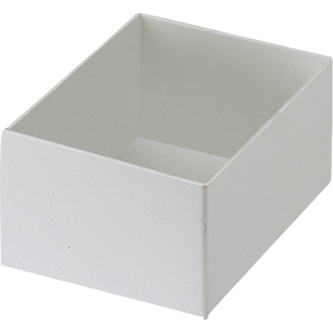 Récipient blanc, légèrement incliné, sans contenu. Le récipient est ouvert, de forme rectangulaire.