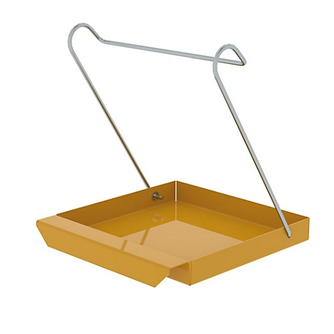 Abreuvoir jaune avec support de suspension, sur fond blanc.
