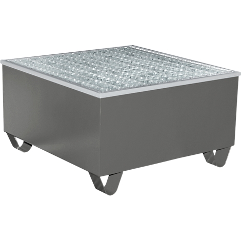Bac métallique carré avec une grille sur le dessus et des pieds courbés.