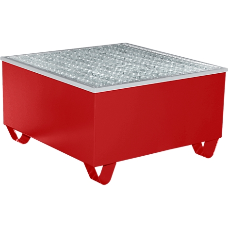 Récipient rouge, rectangulaire, avec un dessus argenté en forme de grille. Quatre pieds rouges, courbés. Sur fond blanc.