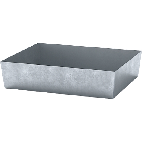 Bol en métal gris rectangulaire. Les bords sont légèrement arrondis.