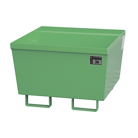 Bac en acier vert, rectangulaire, avec pieds en forme de U. Une petite plaque est attachée sur le côté.