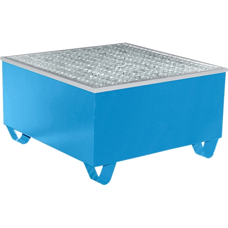 Bac en acier peint en bleu avec grille, posé sur quatre pieds.