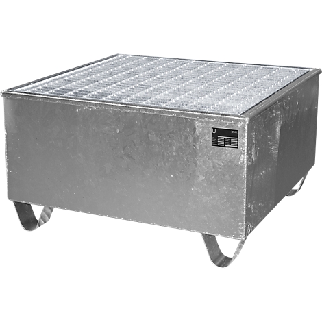 Un conteneur métallique rectangulaire avec un couvercle en grille. Le conteneur repose sur des pieds métalliques incurvés.