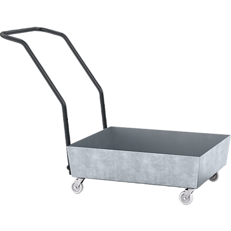 Brouette grise avec poignée et quatre roues.