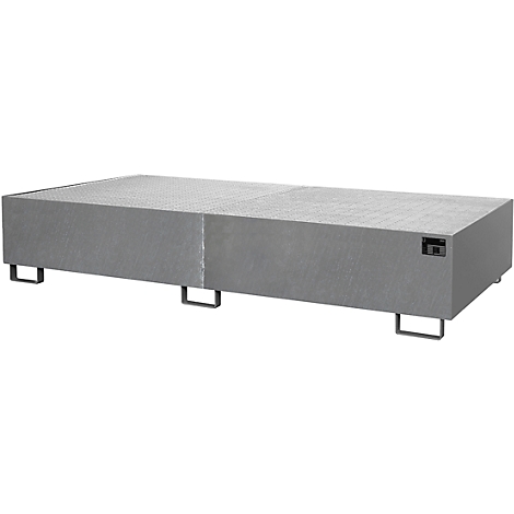 Table basse rectangulaire grise avec pieds en métal, deux segments et une surface légèrement texturée.