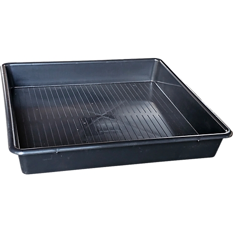 Un bac de plantation rectangulaire noir avec une surface rainurée.