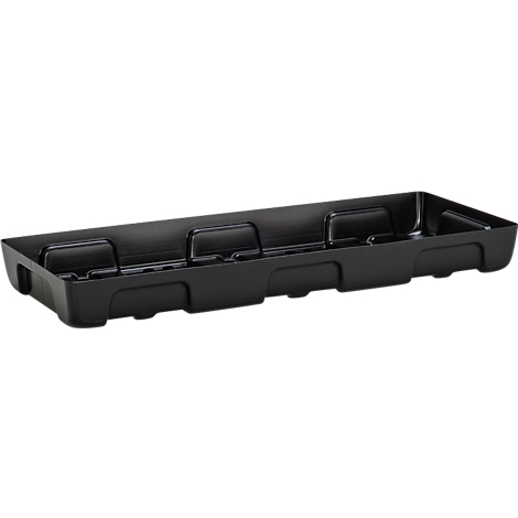 Bac en plastique noir rectangulaire avec des sections surélevées et des trous.
