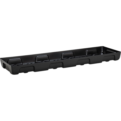 Bac en plastique noir avec quatre compartiments. Dessus ouvert, rectangulaire. Encastrements pour les supports.