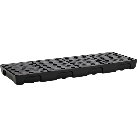 Palette en plastique noir avec des trous. La palette est rectangulaire, avec des coins légèrement arrondis et une surface nervurée.