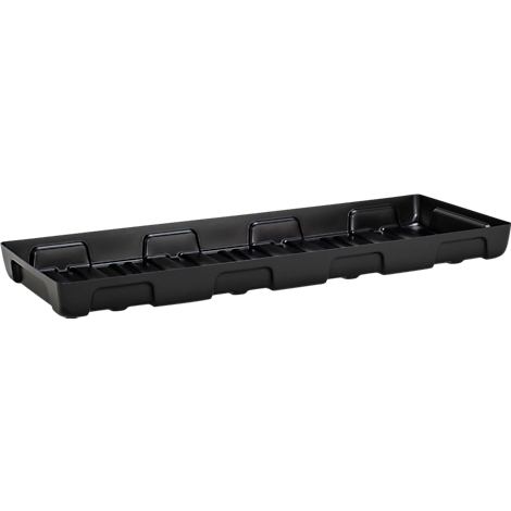 Plateau rectangulaire noir avec découpes et côtés surélevés. Les détails sont visibles.