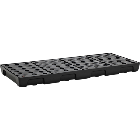 Palette en plastique noir avec des ouvertures rectangulaires.