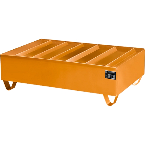 Bac de rétention en métal orange. Il a des parois latérales surélevées et est placé sur quatre pieds incurvés. Le fond est divisé en compartiments.