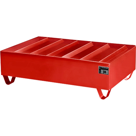 Bac de rétention rouge pour matières dangereuses. Rectangulaire, avec compartiments, sur quatre pieds.