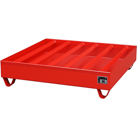Bac de rétention en métal rouge avec plusieurs compartiments et pieds incurvés. Un panneau est attaché.