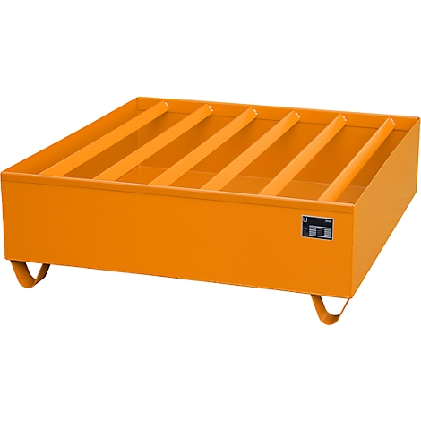 Bac de rétention orange avec structure grillagée, sur quatre pieds. Apparence neuve.