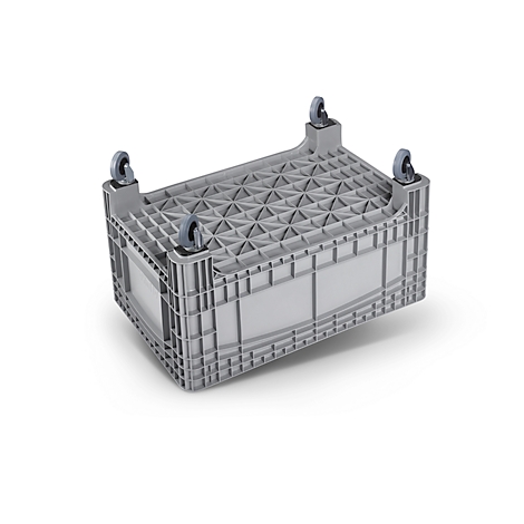Bac de transport gris avec roues. Le dessus est orné de motifs triangulaires.