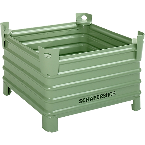 Conteneur en métal vert avec une surface nervurée, reposant sur des pieds, avec l'inscription "SCHÄFERSHOP".