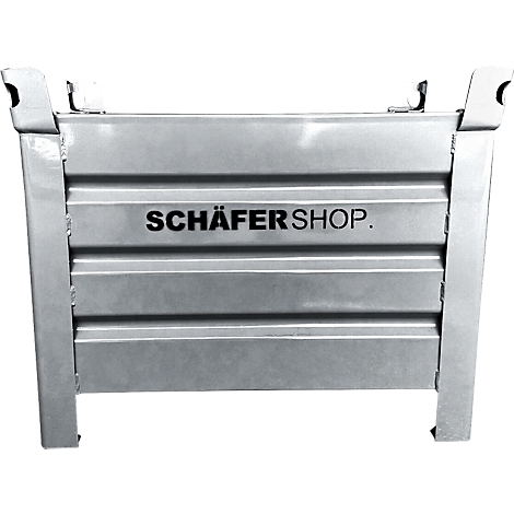 Coffre en acier argenté, ondulé, avec l'inscription SCHÄFER SHOP.