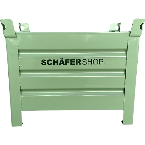 Conteneur métallique vert clair avec des entretoises horizontales et l'inscription SCHÄFERSHOP.