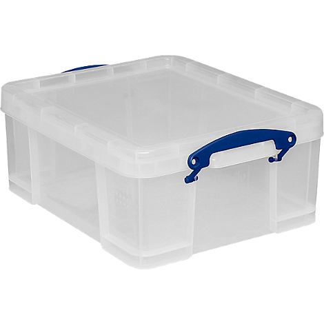 Boîte en plastique transparente avec poignée bleue, couvercle fermé.