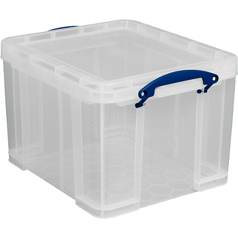 Boîte en plastique transparent avec couvercle et poignée bleue.