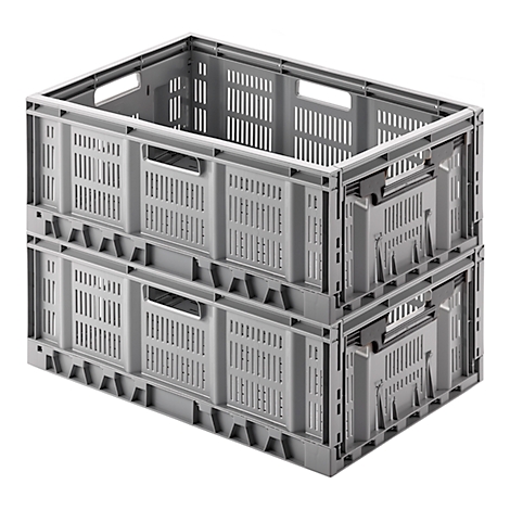 Deux caisses en plastique grises empilables, vues de dessus, sur fond blanc.