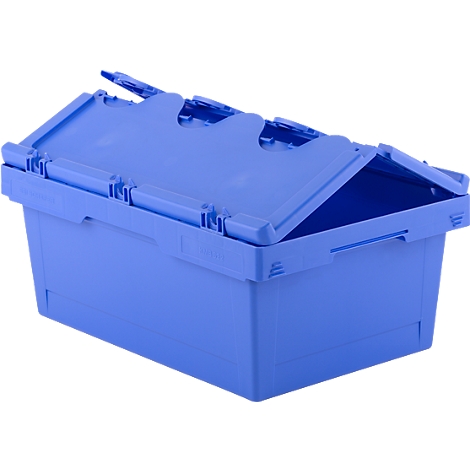 Bac de rangement bleu avec couvercle partiellement ouvert. Le produit est présenté sur un fond clair.