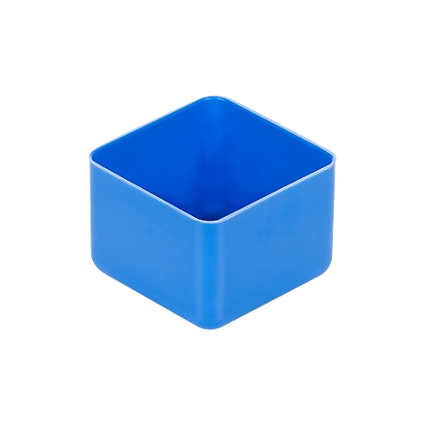 Récipient carré bleu, coins légèrement arrondis, vide.