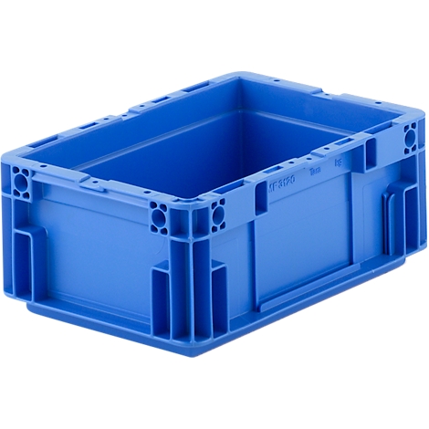 Bac en plastique bleu, rectangulaire, avec ouvertures de poignée. Inscription "UF-ST95".