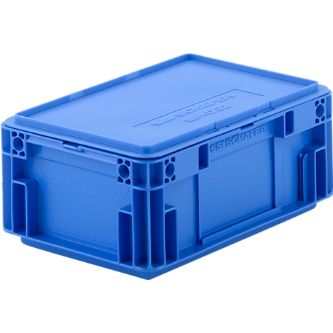 Boîte en plastique bleue avec couvercle, logo du fabricant visible. Forme angulaire, surface lisse, vue légèrement inclinée.