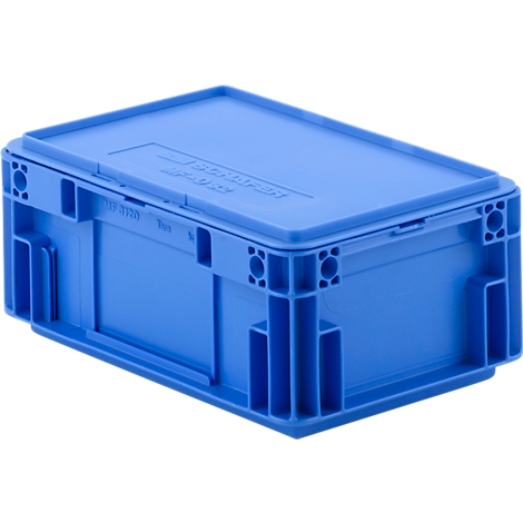 Boîte en plastique bleue avec couvercle, détails des coins et des lettres. Inscription : "Parker Store"