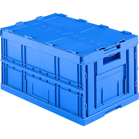 Boîte en plastique pliable bleue, avec couvercle et poignées de transport.