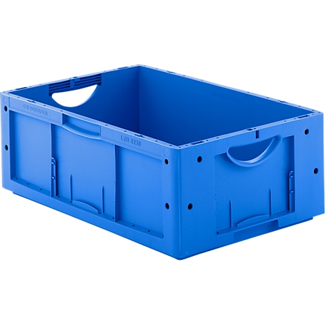 Boîte en plastique bleue avec poignées. Ouverte en haut, de forme rectangulaire. Les détails sont visibles dans l'image.