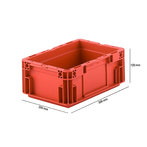 Boîte en plastique rouge de dimensions 300 x 200 x 120 mm, vue détaillée.