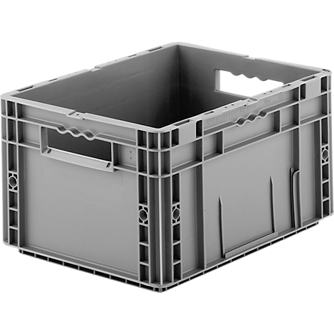 Boîte en plastique grise avec poignées et forme rectangulaire. Vue détaillée du bord supérieur et des découpes latérales.