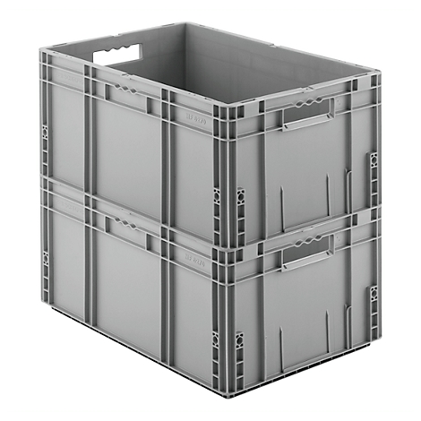 Deux conteneurs en plastique gris, empilés l'un sur l'autre, avec des poignées et des montants verticaux.