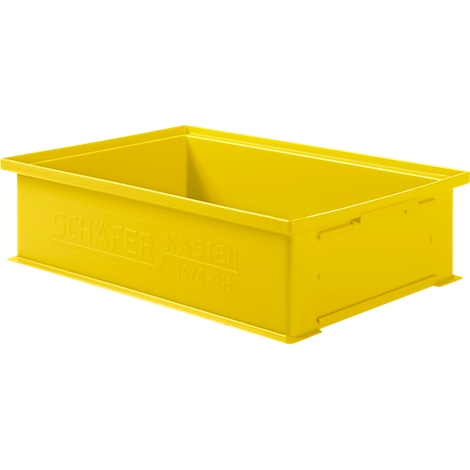 Boîte en plastique jaune avec l'inscription "SCHÄFER Kasten". La boîte a une forme rectangulaire et un bord tout autour.