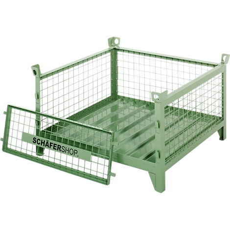 Caisse grillagée verte avec porte avant ouverte. La porte indique "SCHÄFERSHOP".