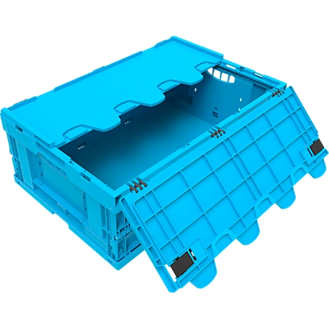 Boîte en plastique bleu clair avec couvercle. Le couvercle est partiellement ouvert, la boîte est vide.